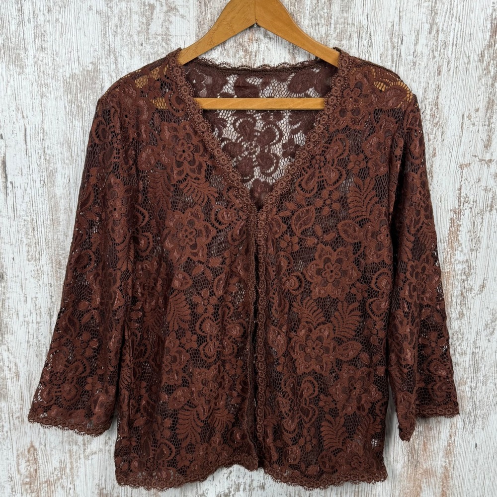 Chocolate Brown Floral Lace V-Neck Cardigan Three-Quarter Sleeve Size L